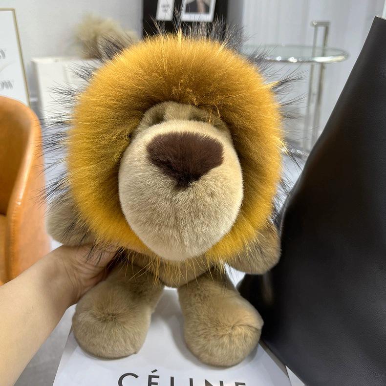 Genuine Rex Rabbit Fur Lion Plush Doll - Cute Children's Toy and Hanging Ornament