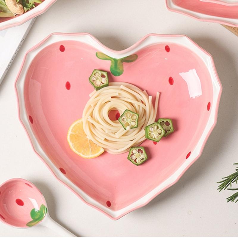 Multipurpose Strawberry Heart Ceramic Dinnerware Salad Bowl Plate Dish for Breakfast Lunch Dinner Dessert Serving