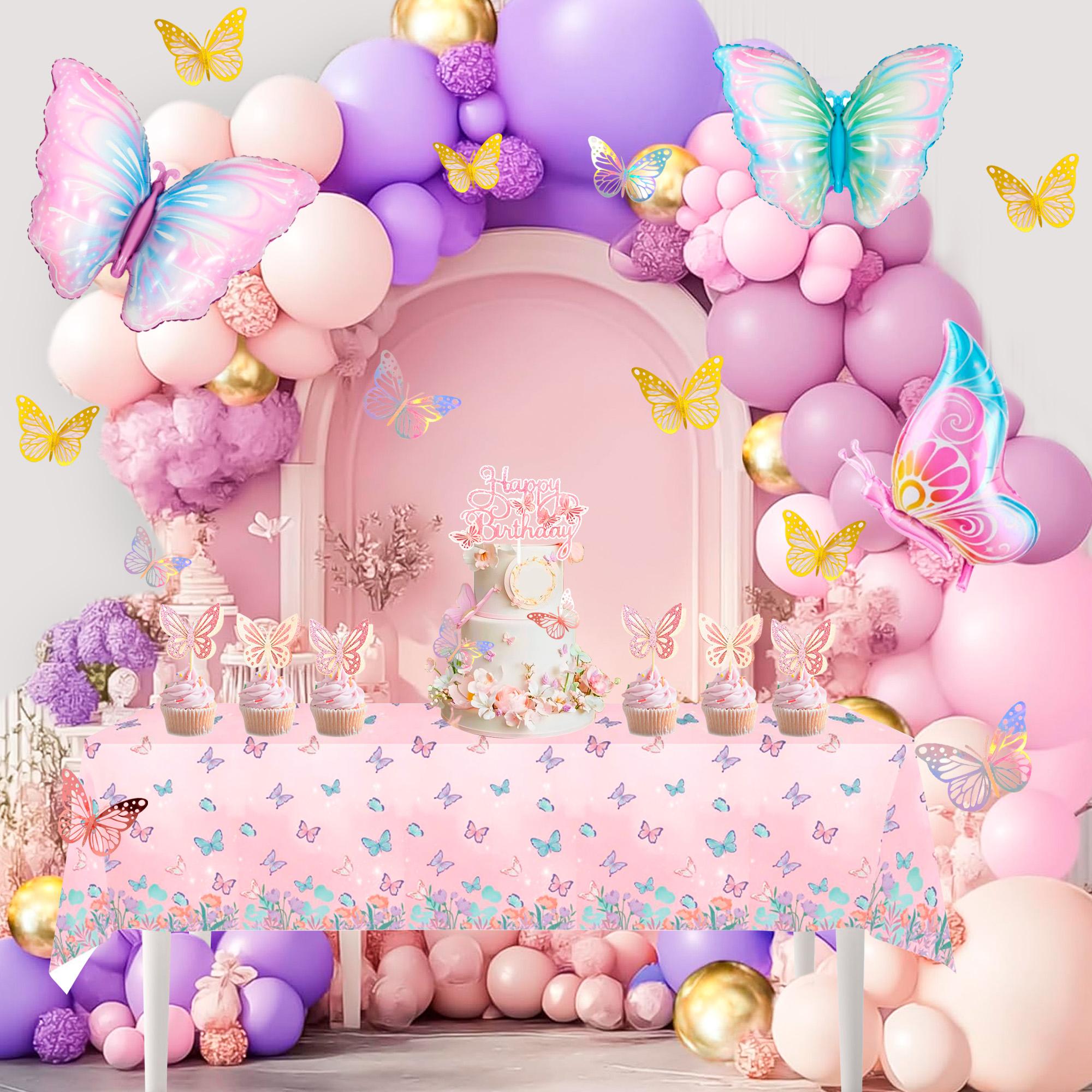 

118pcs Butterfly Birthday Decorations, Butterfly Birthday Party Supplies - Butterfly Party Balloons Cake Toppers Tablecloth Wall Decorations etc розовый