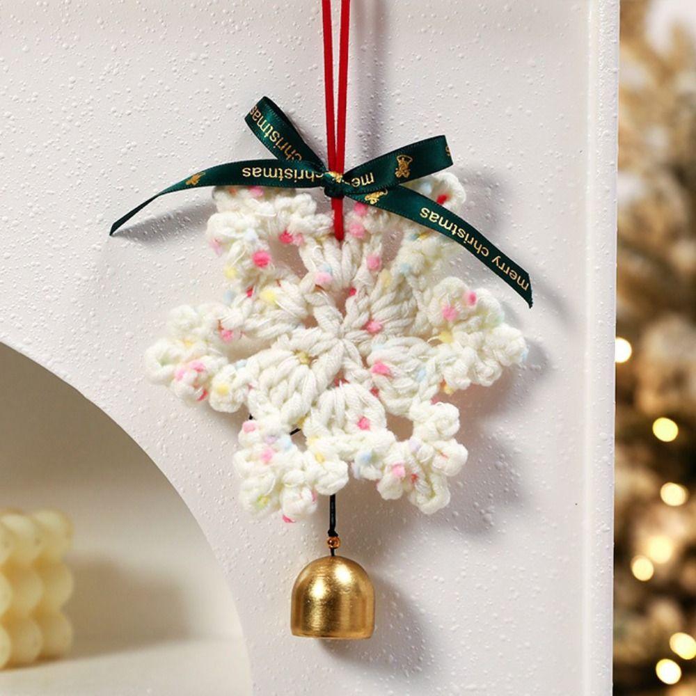Hand-knitted Christmas Bell Pendant 16cm Crisp Sound Crochet Snowflake Pendant Ribbon Bow Creative Woven Xmas Tree Pendant