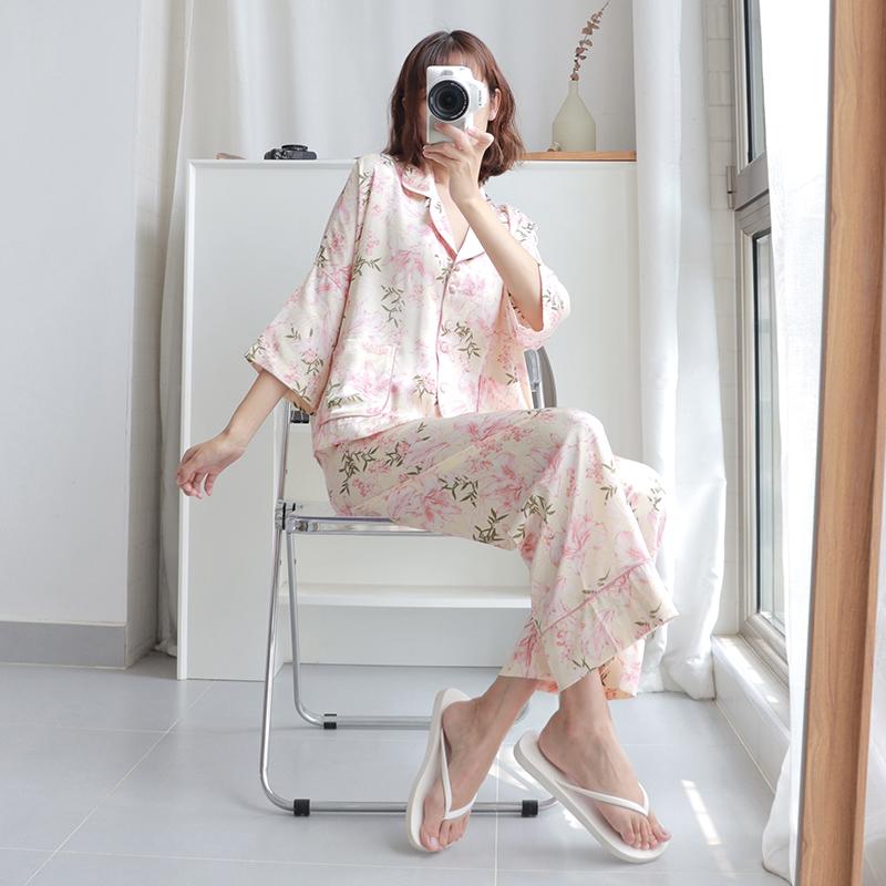 

Пижама женская летняя с рукавами-семью точками костюм новая летняя высококачественная атласная домашняя одежда XL розовый