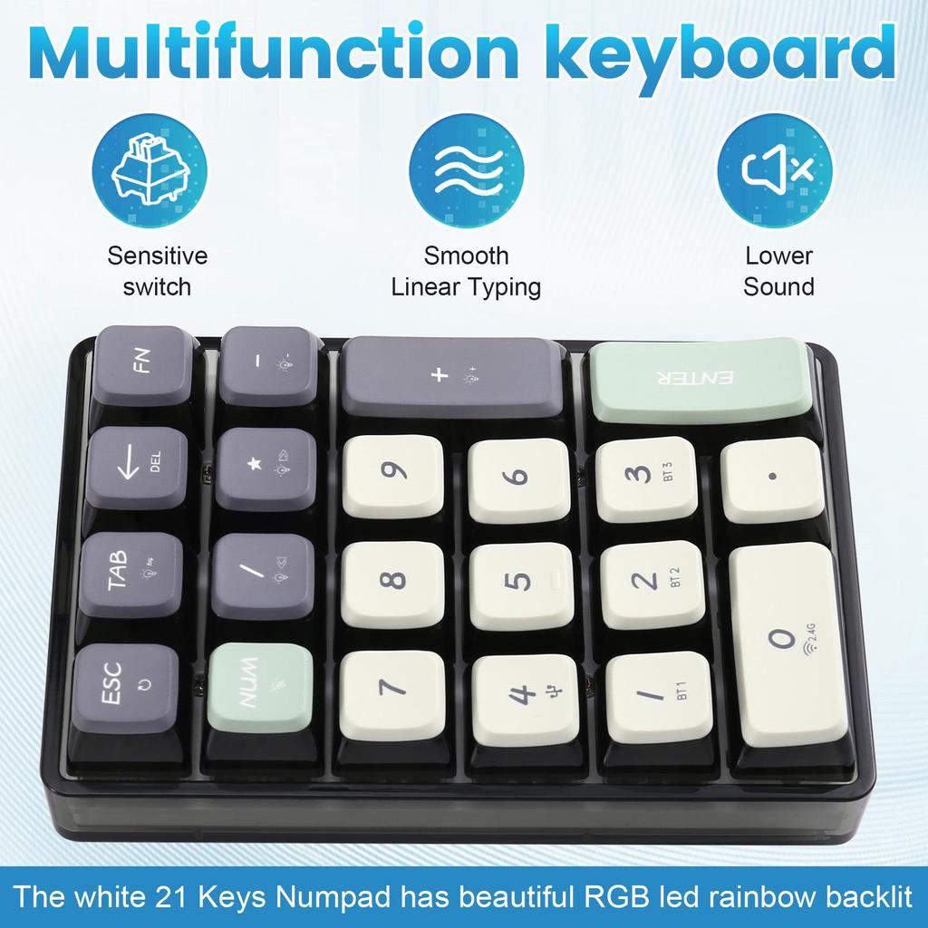 1-Piece Wireless Transparent Mechanical Numeric Keypad, Hot-Swappable, Color: As Shown, Material: PC