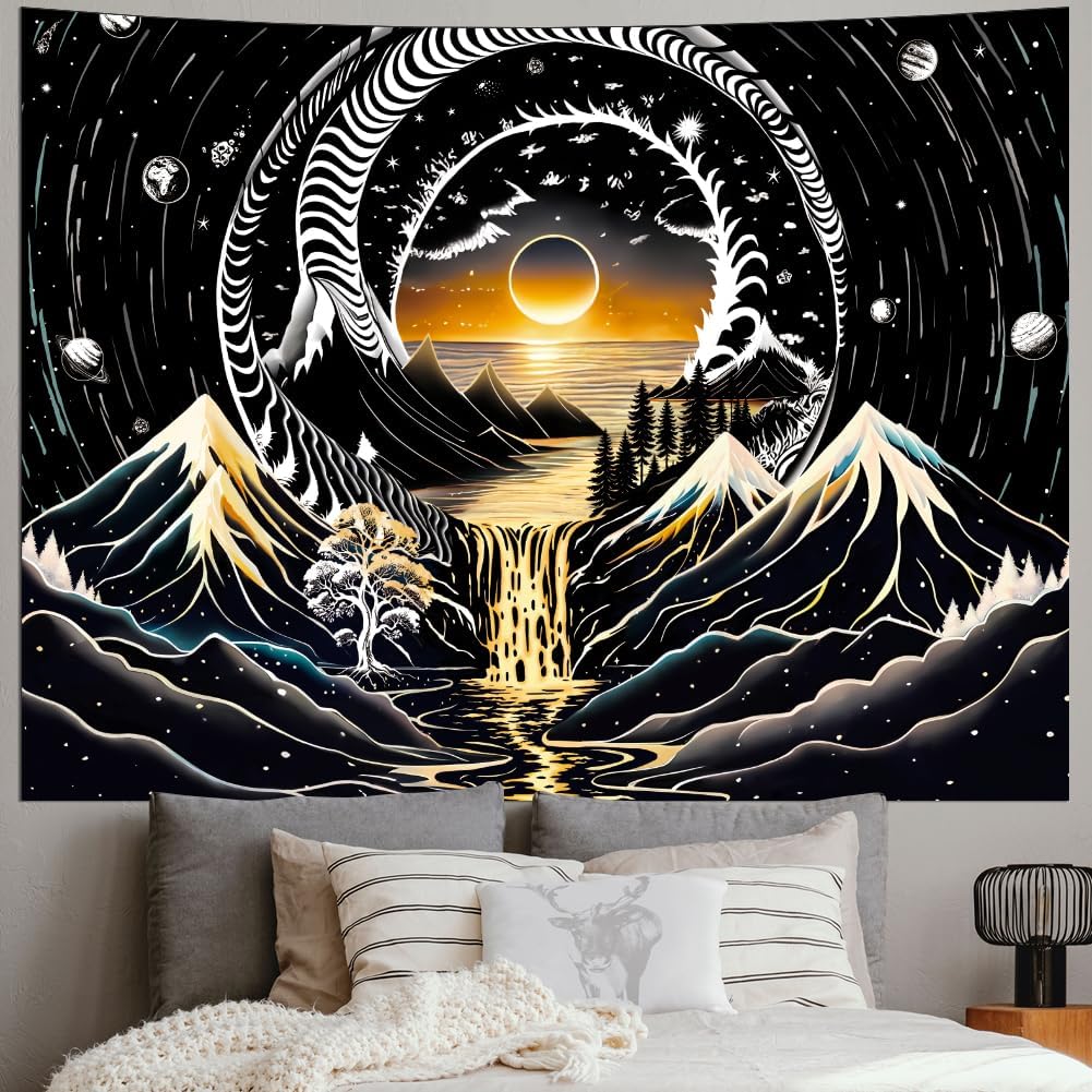 Amhokhui Black and White Tapestry Sun Mountain Tapestry Starry Night Aesthetic Tapestries Trippy River Landscape Tapestries Dark Wall Hanging Decor