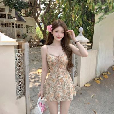 Coffee Break French Sexy Wind Floral Lace-up Suspender Temperament Dress Women's Small High Waist A Word Short Skirt Summer