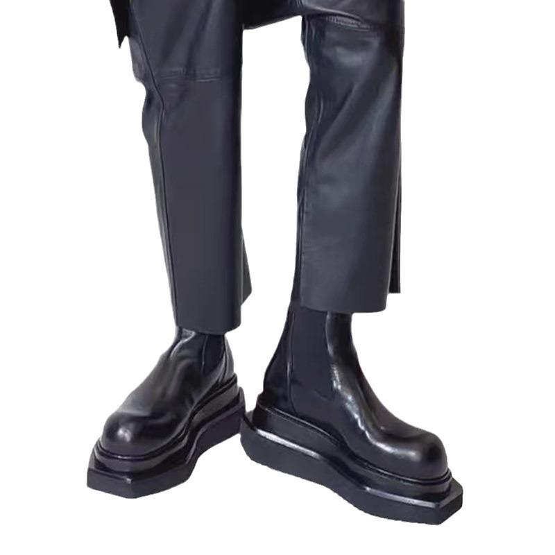 Thick-soled Medium Tube Round Head Chelsea Boots Women's Dark Square Head Cigarette Short Boots British Men's and Women's Big Head Martin Boots