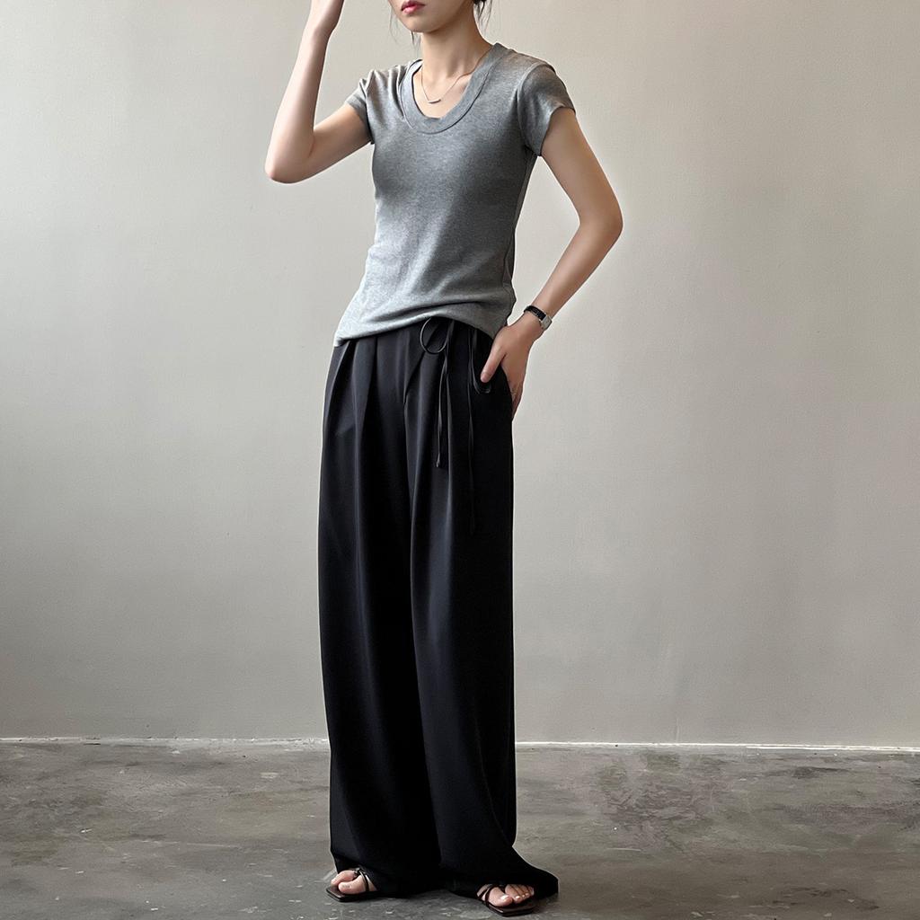 Solid Colour T-shirt Women 2024 Summer Simple U Neck Slim Stretch Body Shirt Tops