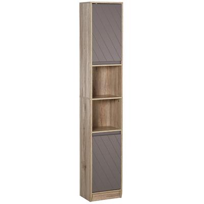 Tall Bathroom Cabinet, Narrow Bathroom Column with 2 Doors and 2 Open Shelves, for Small Spaces, 30x24x170 Cm, Oak and Grey
