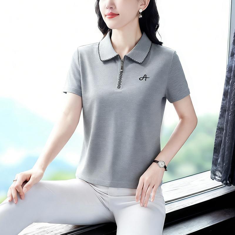 Women s 2026 Stylish Slimming Short-Sleeve Polo Top with Lapel XL (recommended 110-120 jin) серый
