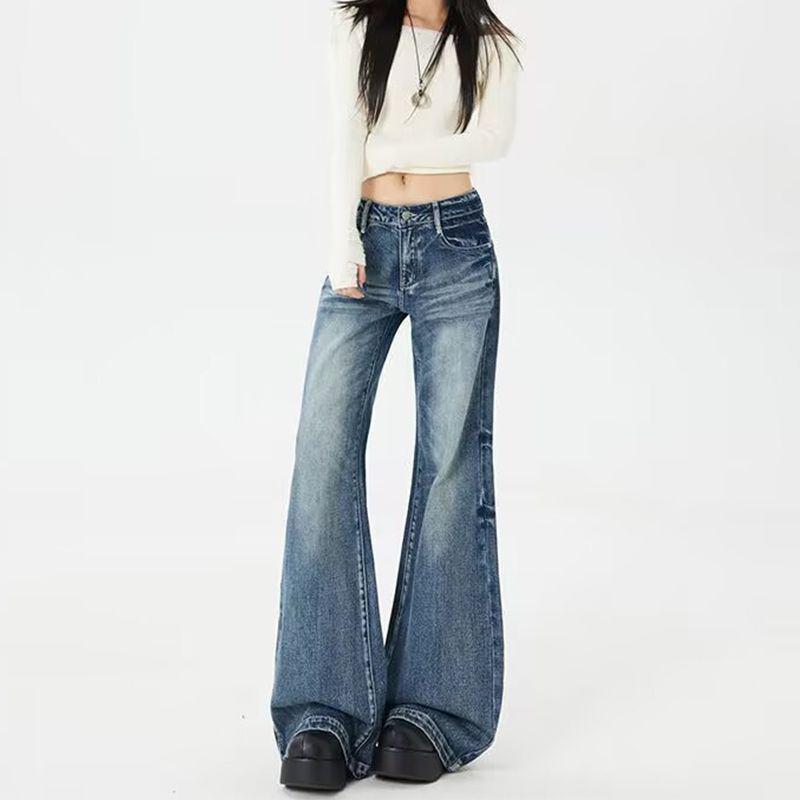 Retro Women's High Waist Flare Jeans - Slimming, Loose Fit, Washed American Style