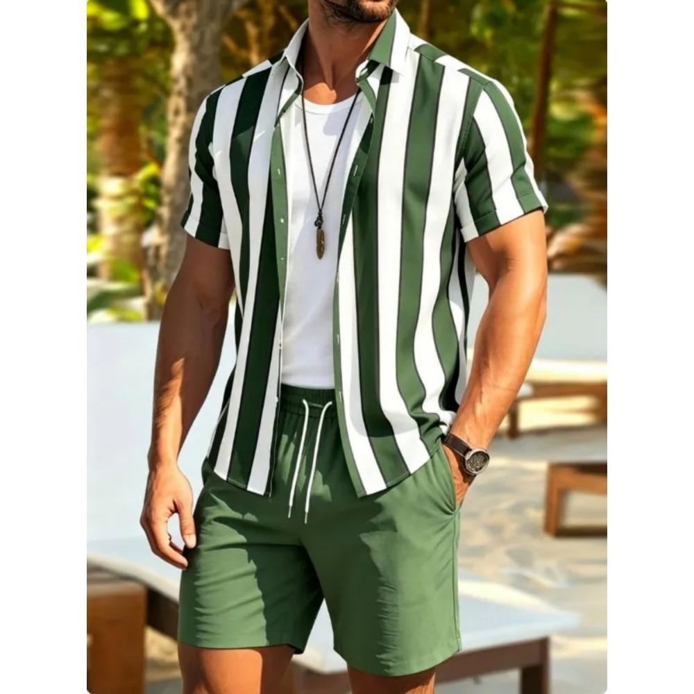 Simple Men Shirt Sets Vintage Stripe Lapel Short Sleeve Casual Shirt Beach Shorts Summer Streetwear Hawaiian Fashion Loose Suits