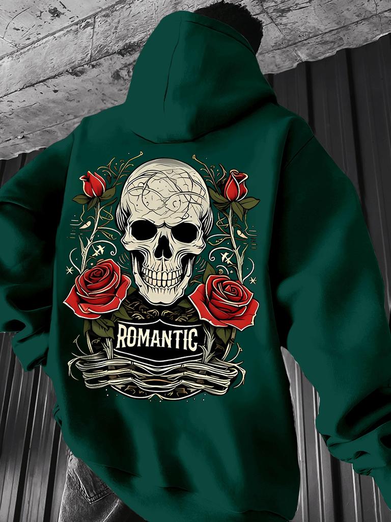 Romantic Dark Tone Skull Rose Vine Decorative Print Men's Green Hooded Sweatshirt, Hip Hop Street Sports Loose Daily Top