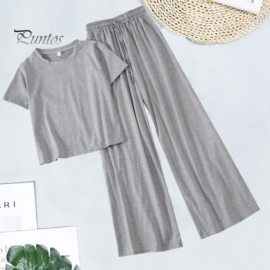 Women T-shirt Trousers Set 2 Pcs/Set Pants Solid Color Round Neck Short Sleeves Elastic Lady Top Waist Wide Leg Homewear Drawstring Suit Clothes