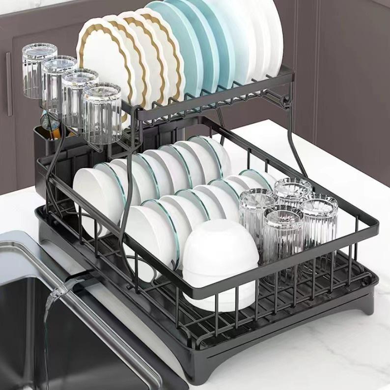 Double-Layer Kitchen Storage Rack: Countertop Bowl, Plate, Cup, and Utensil Holder with Draining Function