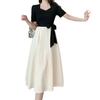 Elegant Plus Size Hepburn Style Color Block Waist-Cinched Square Neck Summer Dress