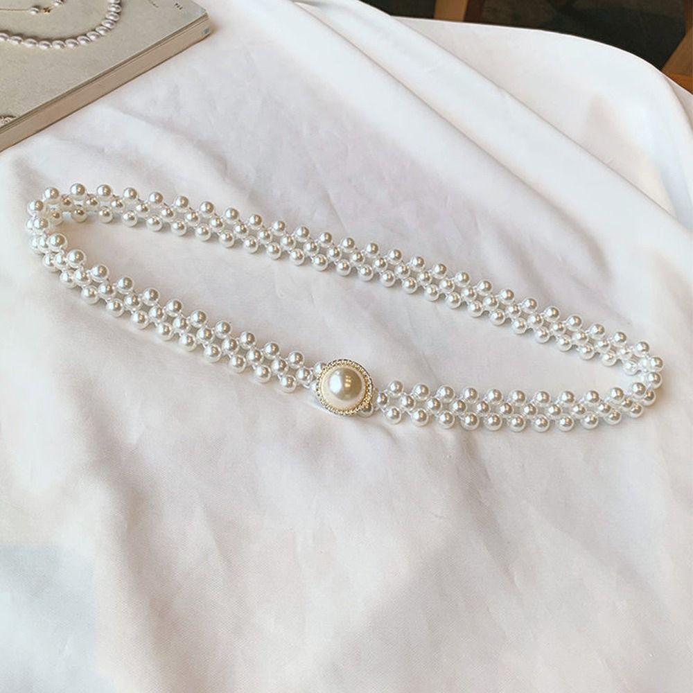 Thin Narrow Style Pearl Waist Chain Pearl Beads Rhinestone Decor Strap Dress Matching Decor