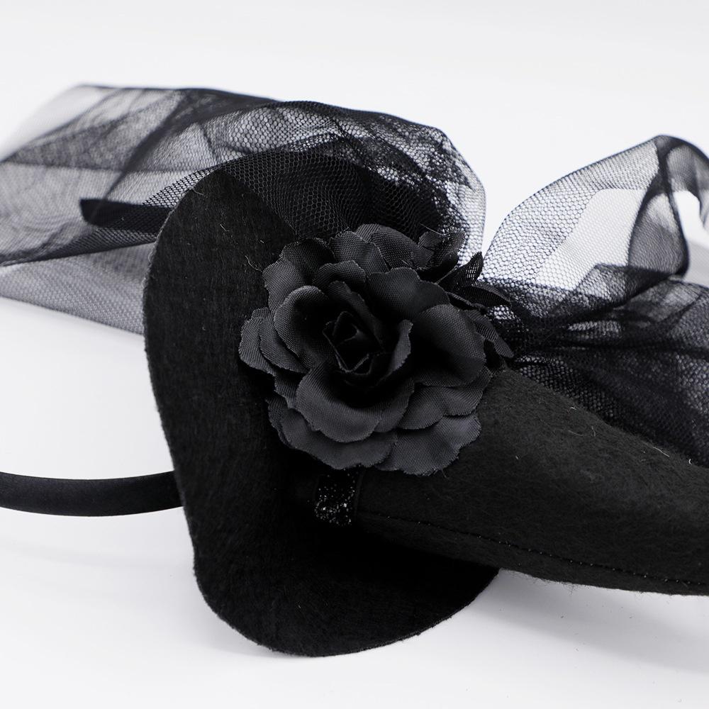 Stylish Lace Headband For Halloween Party French Vintage Witch Hat With Cartoon Ghost Elements Handcrafted)