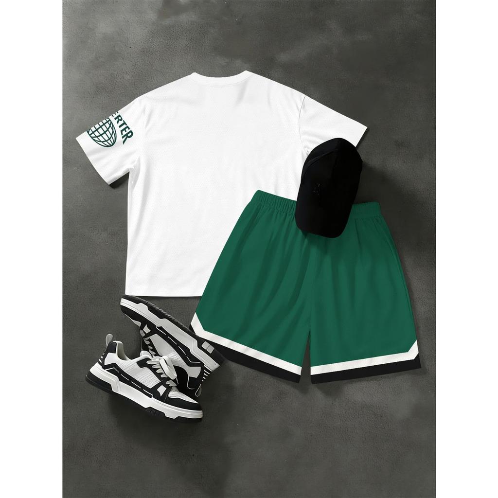 Fashionable basketball letter print pattern, spring and summer short sleeved T-shirt and shorts set