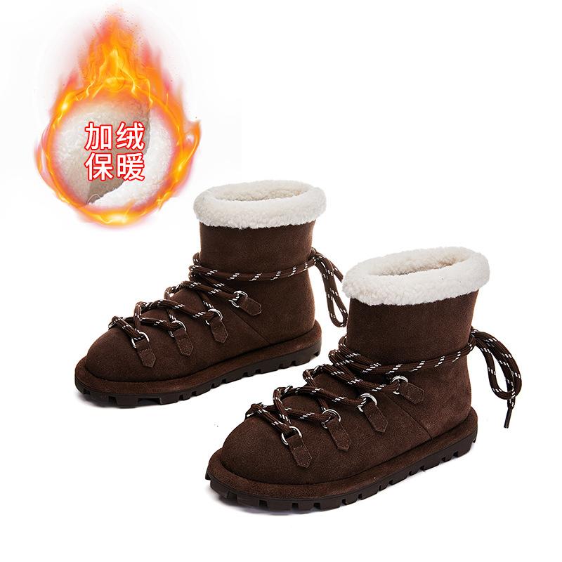 Leather snow boots women's winter new velvet thermal straps short boots casual versatile thick-soled Martin boots women