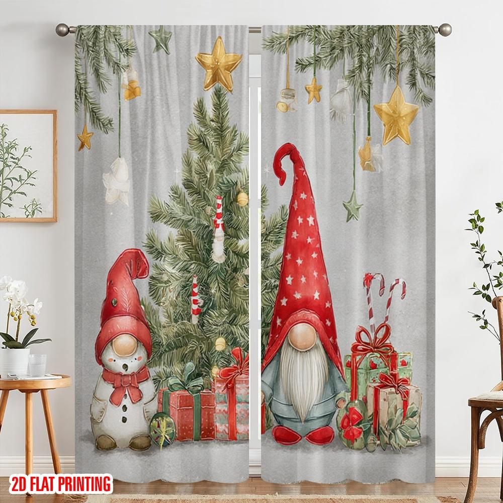 2pcs,2D Plane Printing Curtains Digital Printed Christmas Gnomes and Snowman Versatile Durable Polyester (without Rod) Festive