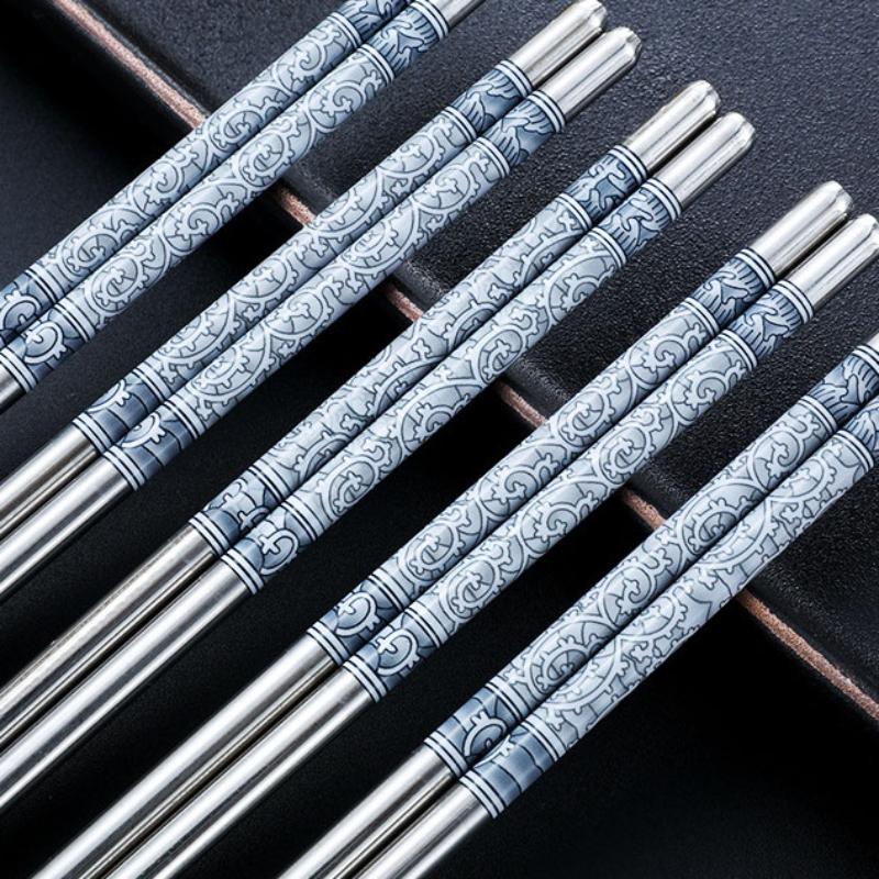 5/10/15/20Pairs Stainless Steel Porcelain Print Chopsticks Non-Slip Chinese Chopstick For Cooking Eating Easy To Clean