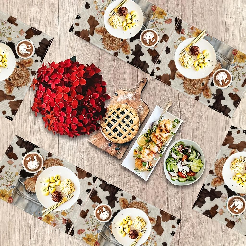Set von 4/6 Blumige Küchentischdekoration Farm Hochlandkuh Restaurant Dekoration 100% Leinen Quadratische Tischsets Handwäsche Entzückende Kuhmuster Platzsets