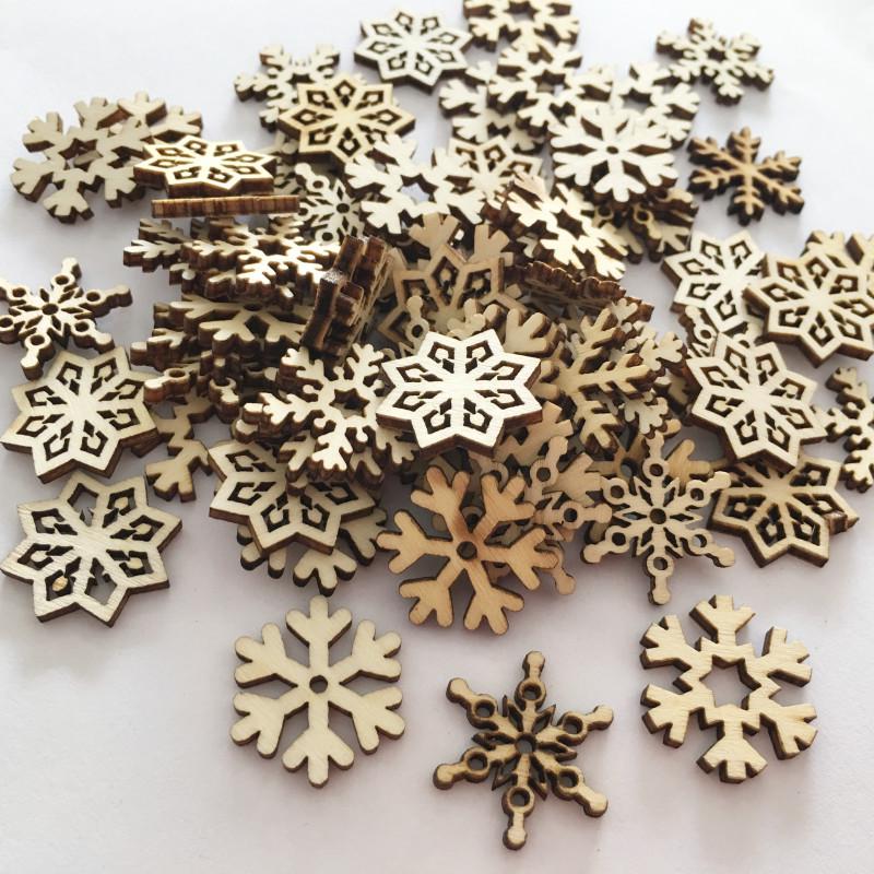 25mm Christmas Snowflake Wooden Buckle Chips DIY Craft Accessories, 50pcs/bag, In Natural Log Color