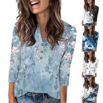 Damen Modischer Lässiger 3/4-Ärmel Knopf-Print V-Ausschnitt Pullover Top
