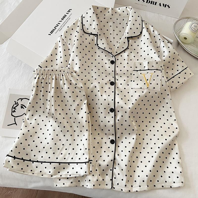French Style Ice Silk Pajamas Women'S Thin Short-Sleeved Shorts Polka Dot Temperament Style Simple And Cool Summer Loungewear