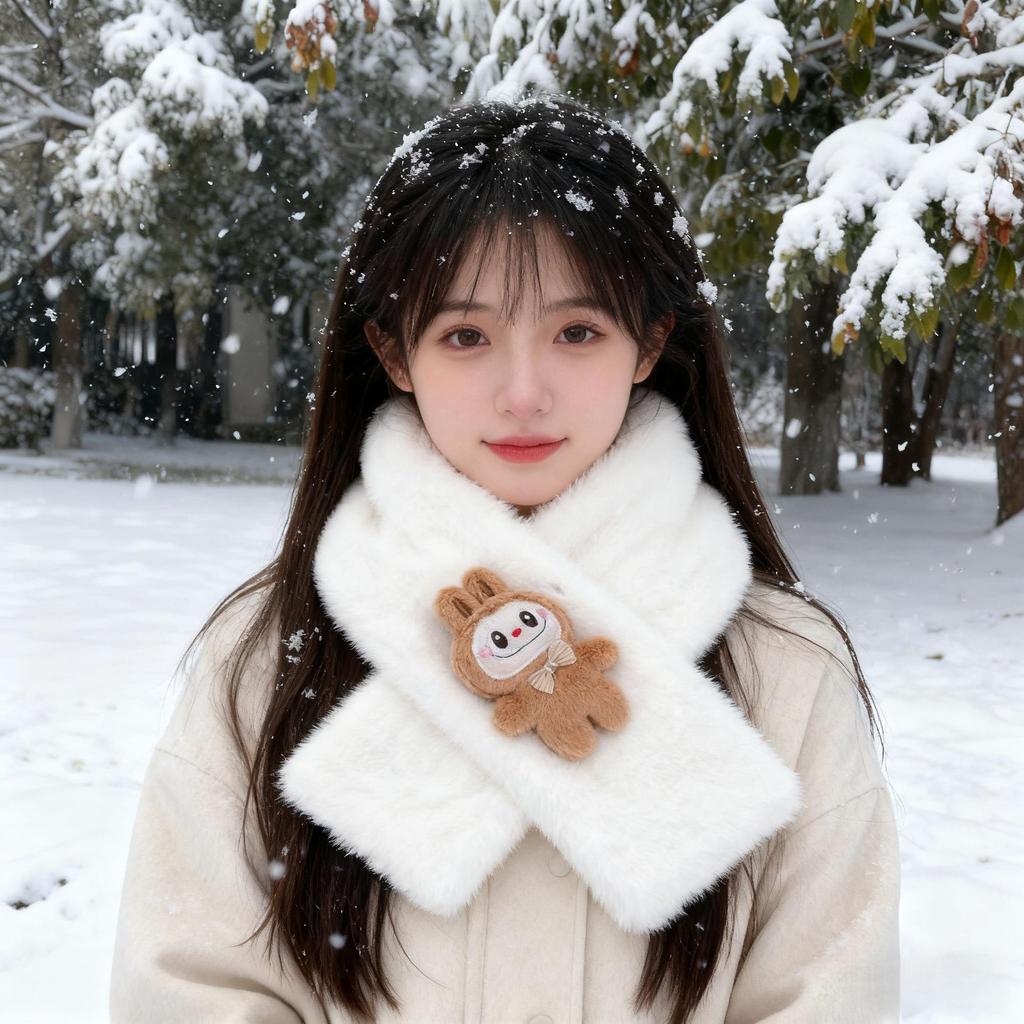2025 Autumn/Winter Cute Cartoon Plush Scarf: Faux Rabbit Neck Warmer for Girls
