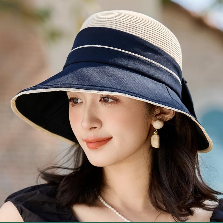 Women's Luxury Fine Paper Straw Fisherman Hat Breathable Patchwork Wide Brim Sun Protection Elegant Outdoor Sun Visor for Ladies