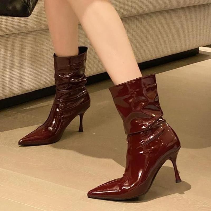 Fashion Pleated Patent Leather Ankle Boots for Women Sexy Pointed Toe Stiletto Heel Ladies Boots Fashion Wine Red High Heels Dress Shoes