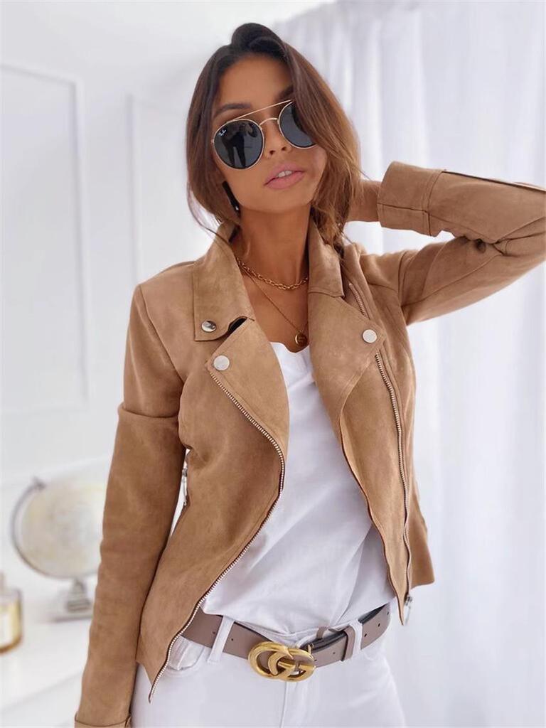 2025 Autumn/Winter Women's Zipper Suede Short Jacket with Turn-Down Collar