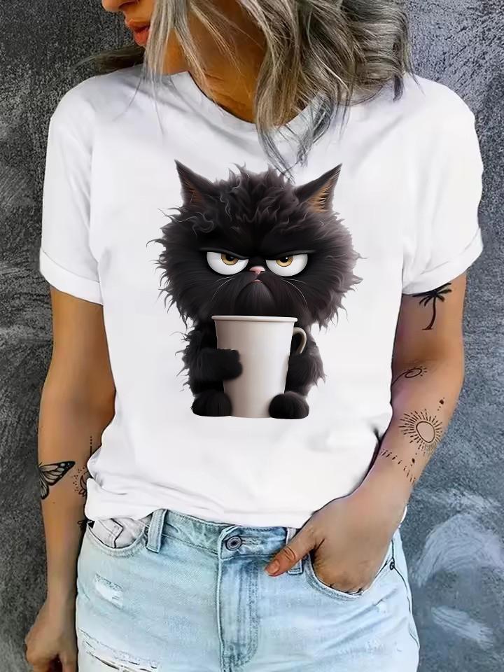 Funny Cat Women Summer White Print T-shirt Girl Casual Short Sleeve O Neck Top For Summer Female Animal Clothing