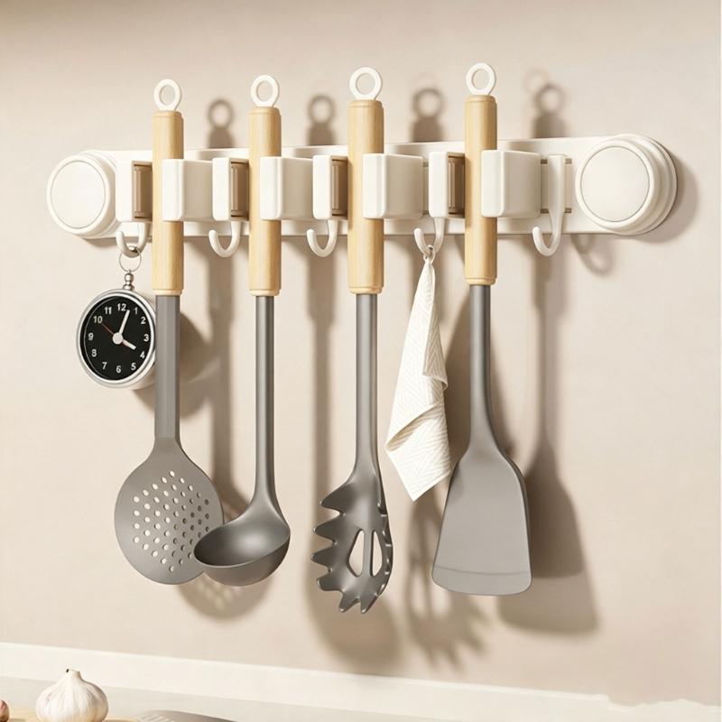 Sliding Rail Cleaning Tool Holder, Wall-Mounted Suction Rack with Integrated Hanging Feature for Mops, Glass and Smooth Tile