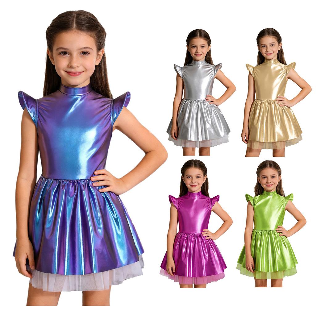 Kinder Mädchen Außerirdischen Kostüm Kleid: Schillerndes glänzendes Tutu mit fließenden Ärmeln & Stehkragen für Mottoparty & Bühnenauftritt