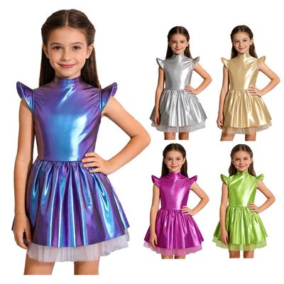 Vestito Tutù Alieno Iridescente per Bambine, Costume Lucido con Collo Alto, Maniche Svasate e Zip Posteriore, Per Spettacoli Teatrali e Feste