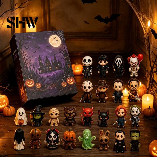 24-Tage-Box Halloween Adventskalender 2026, Countdown mit 2D-Flachgeschenken für Erwachsene Kinder Acryl-Mini-Figuren, Sammler-Überraschung Mädchen