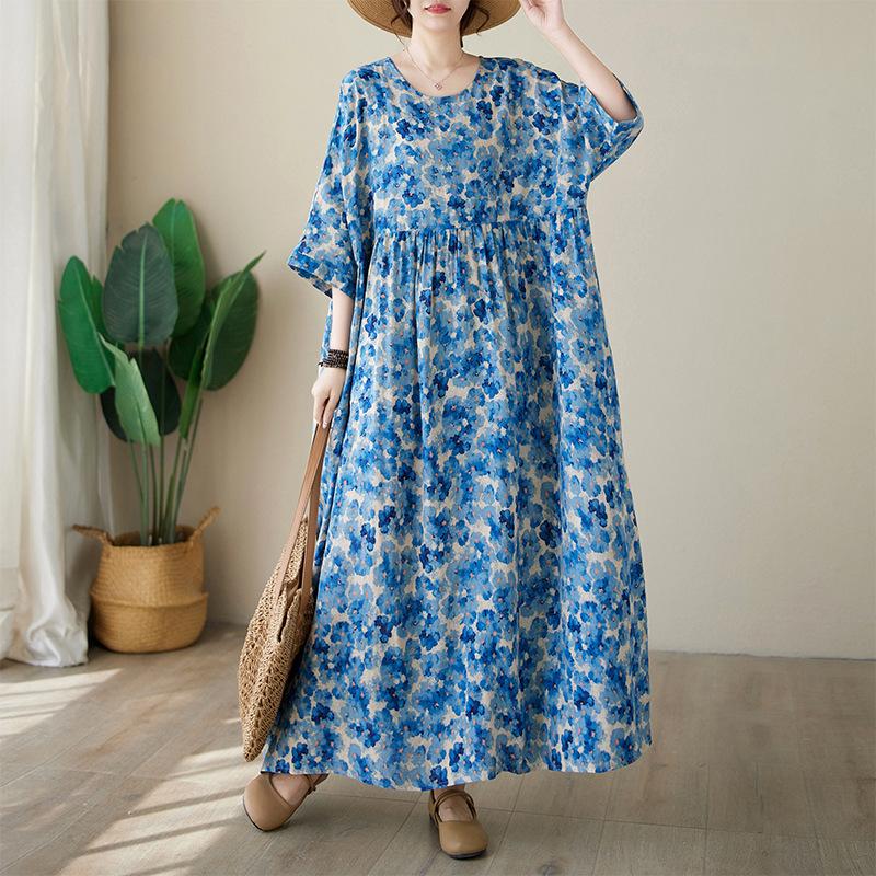 Summer Thin Cotton Linen Round Neck Short Sleeved Floral Simple Medium Long Dress for Women Casual Dresses