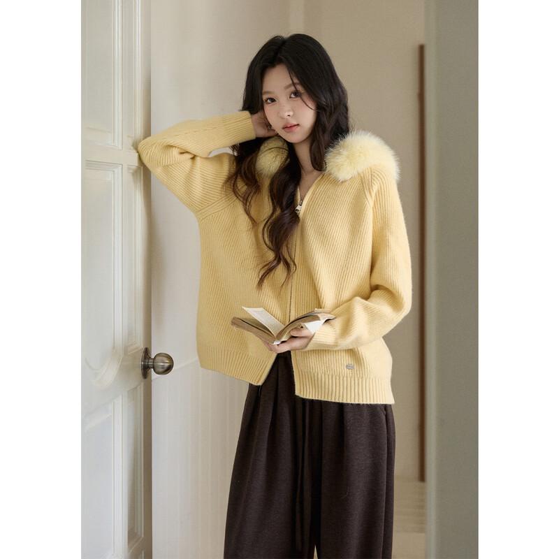 Women s Detachable Faux Fur Hooded Knit Sweater One Size