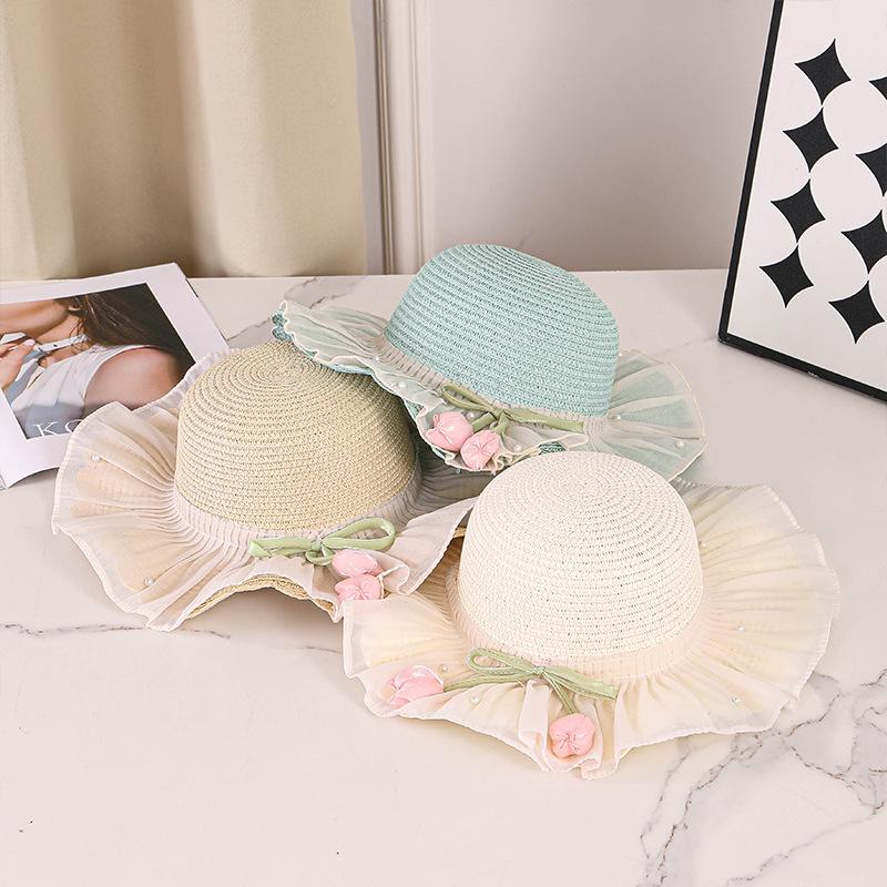 Children's straw hat summer sun hat girls straw visor idyllic princess sun hat seaside beach hat