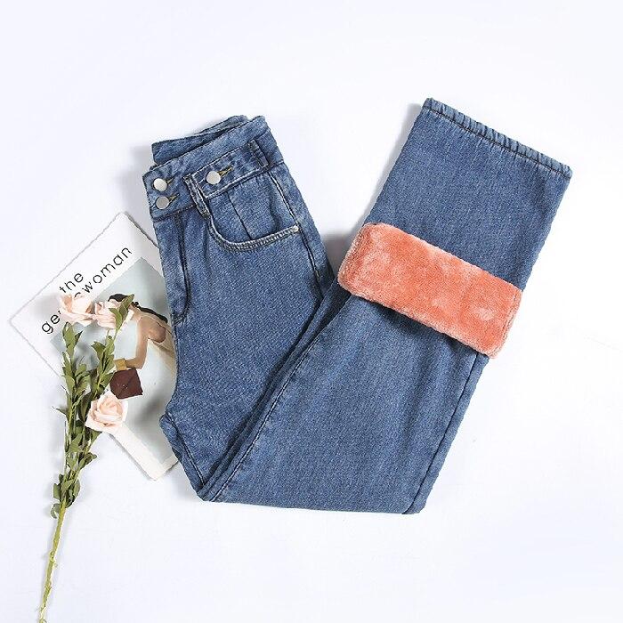 

Зимние женские утепленные прямые джинсы с высокой талией, простые флисовые теплые облегающие эластичные женские повседневные джинсовые широкие брюки XL