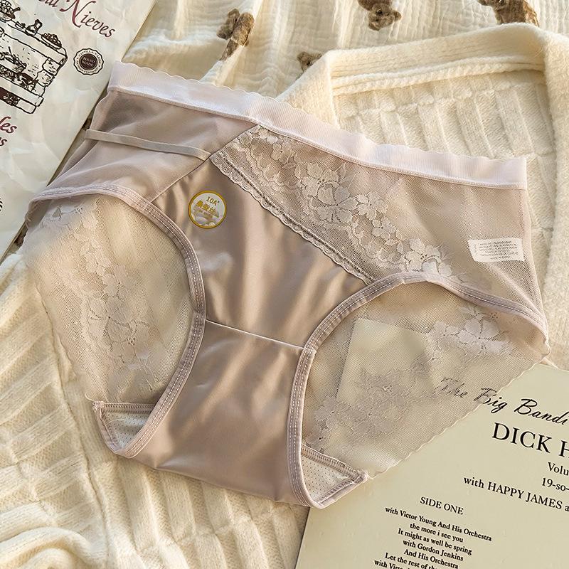 

Plus Size Ladies Premium Ice Silk Lace Sexy Sweet Mesh Mid Waist Panties L