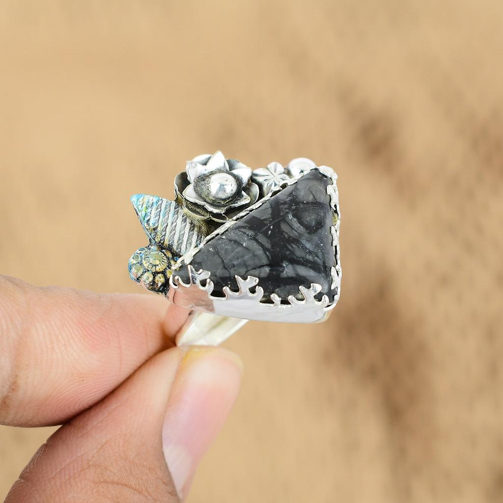 Trillion Picasso Jasper Gemstone Flower Statement Sister Wedding Ring 925 Silver