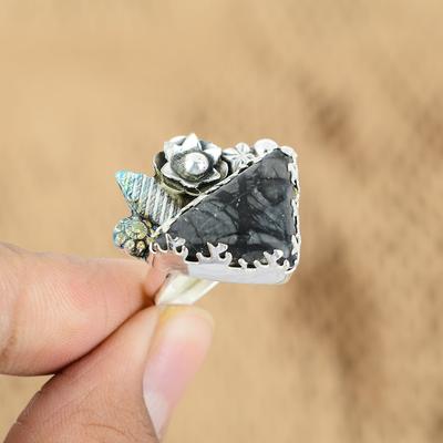 Trillion Picasso Jasper Gemstone Flower Statement Sister Wedding Ring 925 Silver