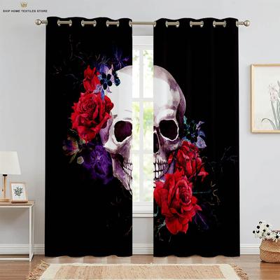 Retro Gothic Vorhänge mit floralem Totenkopf-Print, Dekorativ, Geeignet für Schlafzimmer, Wohnzimmer, Küche, Halloween, 2 Stück