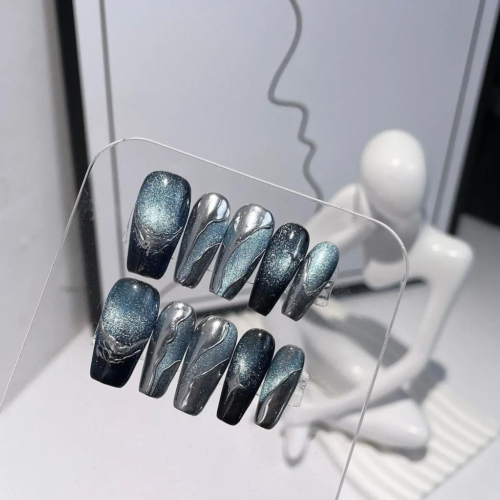 Short Blue Ocean Cat Eye Meteor Press On Nails Metallic Hand Painted Acrylic False Nails With Glue