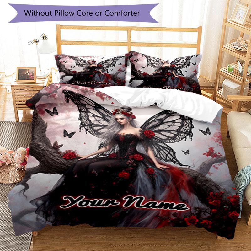 3PC Custom Name Fairy Dreams Black Bedding Set Printed Bedding Set Duvet Cover Closure Includes 1 Duvet Cover & 2 Pillowcases for All Seasons Bedroom