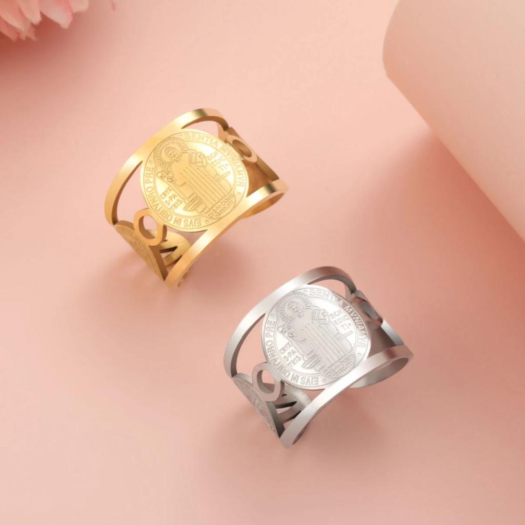 Stainless Steel Religious Adjustable Ring for Men Catholic Christian Faith Amulet Saint Benedict of Nursia Finger Rings Jewelry