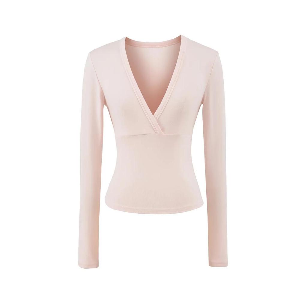 Women's Spicy American Deep V-neck Waist-cinching Long-sleeve T-shirt - Slim Fit for Autumn