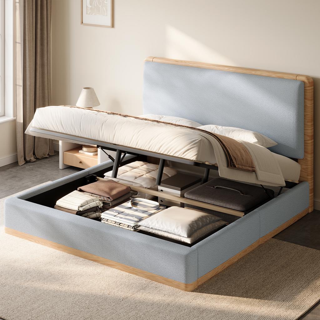 140x200 Upholstered Platform Bed with Hydraulic Storage Space under the Bed, Grey + Natural Wood Tones